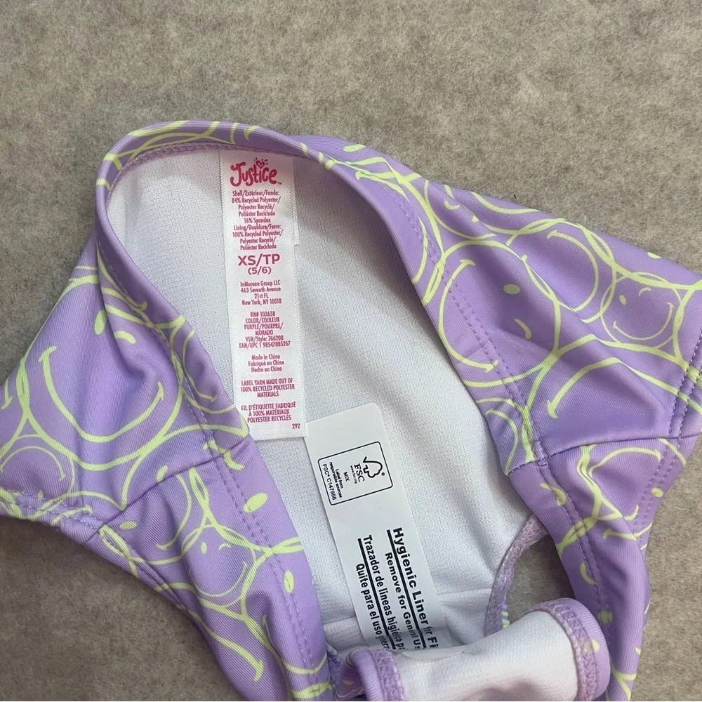 Justice Light Purple Smiley Face 2 Piece Tankini Swimsuit Girls Size XS(5-6)